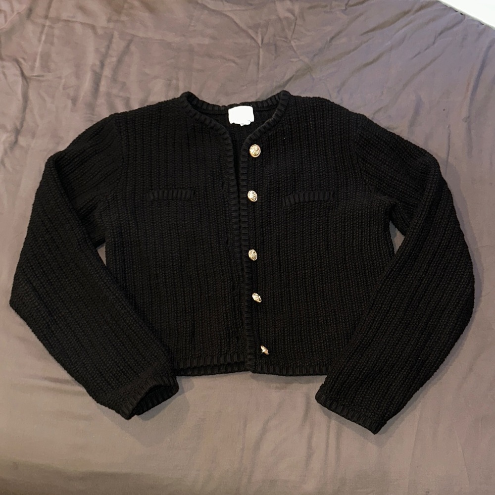 H&M Black Chunky Knit Crewneck Cardigan with Gold Buttons